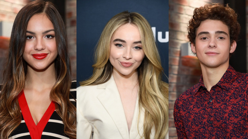 Olivia Rodrigo, Sabrina Carpenter, and Joshua Bassett smiling in split image