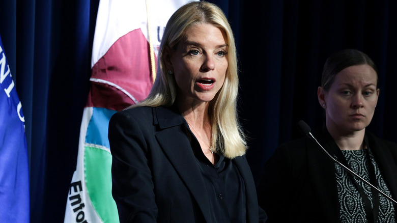 Pam Bondi speaking in a press conference.