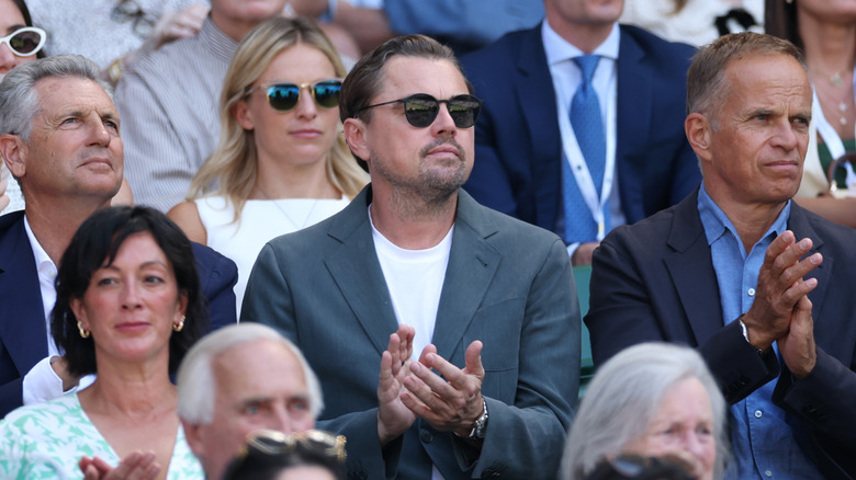 Leonardo DiCaprio applauding in the bleachers at Wimbledon on July 11, 2025