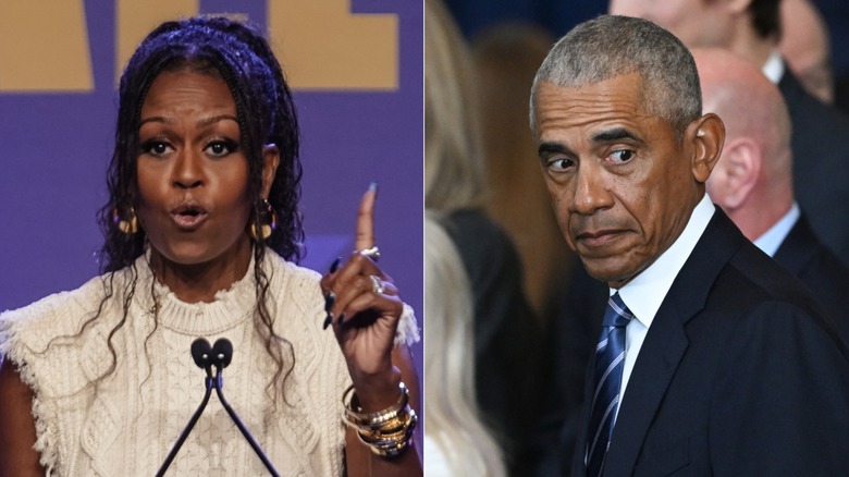 A split image of Michelle Obama speaking into a mictophone and Barack Obama giving a side-eye.