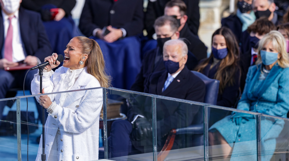 Jennifer Lopez performing in front of Joe and Jill Biden