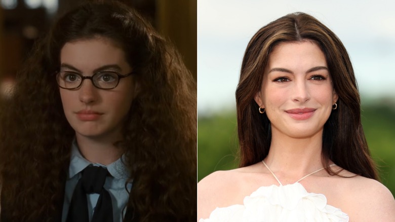 Anne Hathaway as Mia Thermopolis in "The Princess Diaries" and at a 2026 event for "The Odyssey."