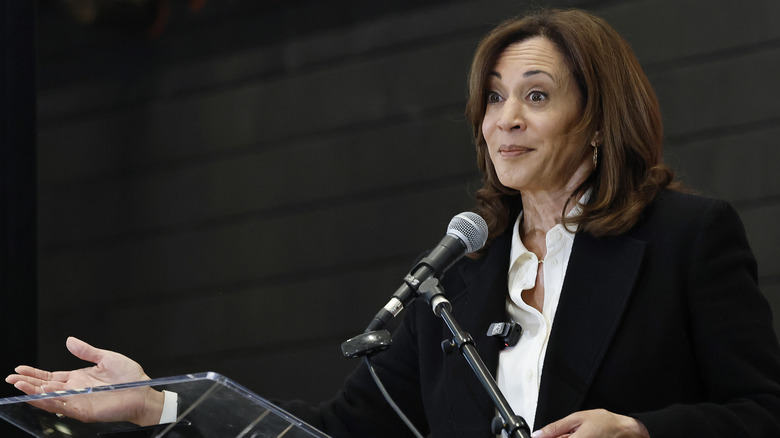 Kamala Harris on stage at a speaking event.