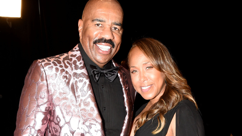 Steve Harvey with wife Marjorie, smiling