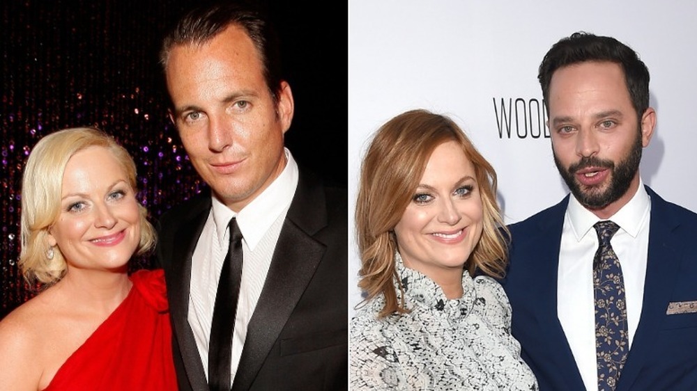 Amy Poehler and Will Arnett smiling (left), Amy Poehler and Nick Kroll smiling (right)