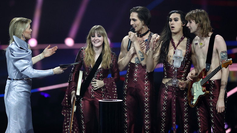Maneskin winning the trophy at Eurovision Song Contest