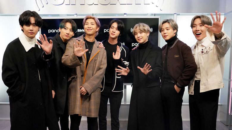 BTS, all together, smiling, waving, looking happy, 2020 appearance, wearing winter clothes