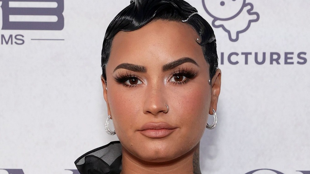 Demi Lovato looking into camera wearing hoop earrings and her hair pinned back with pins