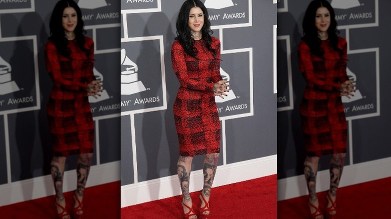 Kat Von D in red pencil dress grammy awards