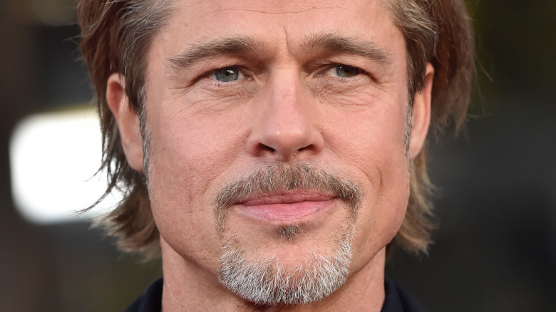 Brad Pitt sporting a scruffy, graying beard smiling