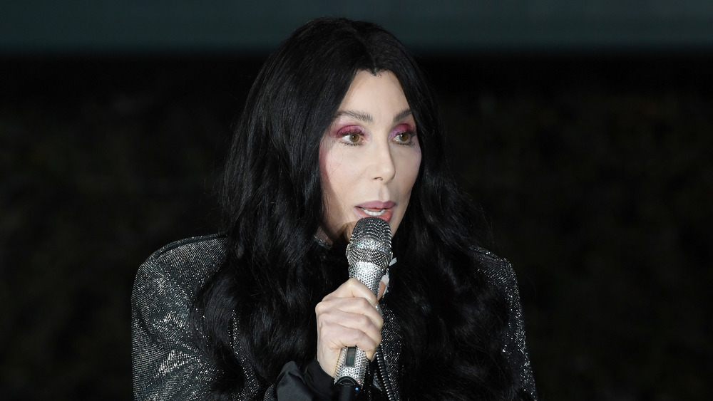 Cher talking into a microphone