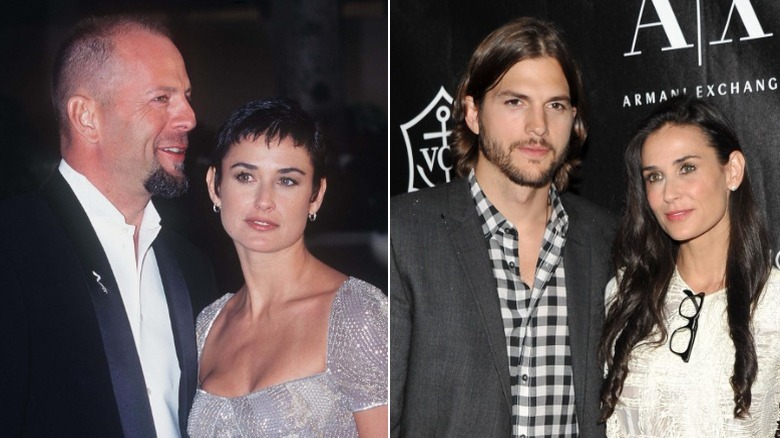 Bruce Willis Demi Moore at the Golden Globe Awards in 1997; Ashton Kutcher and Demi Moore at Urban Zen Stephan Weiss Apple Awards in 2011