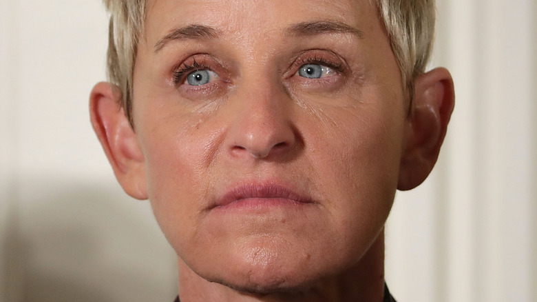 Ellen DeGeneres with a serious expression