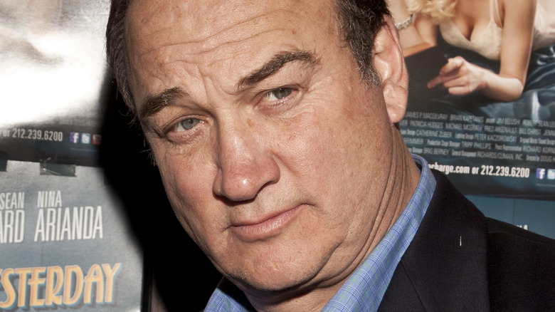 Jim Belushi poses in a blue shirt and suit.