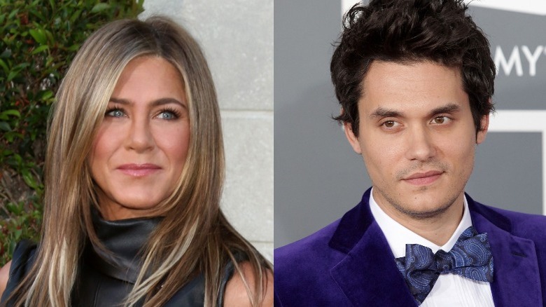 Jennifer Aniston smiling (left), John Mayer smirking (right)
