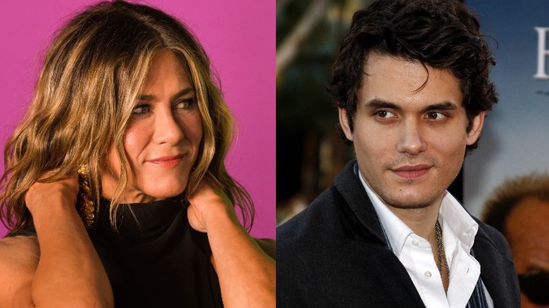 Jennifer Aniston smirking (left), John Mayer smirking (right)