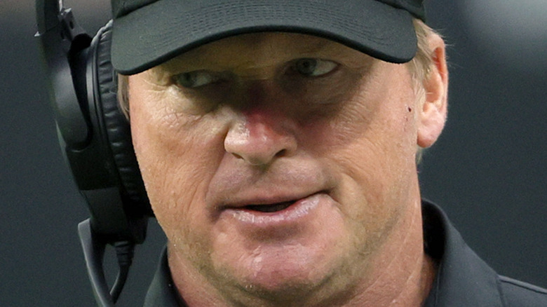 Jon Gruden of the Las Vegas Raiders reacting during a game