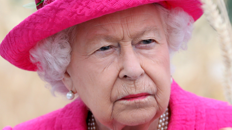 Queen Elizabeth frowns in pink