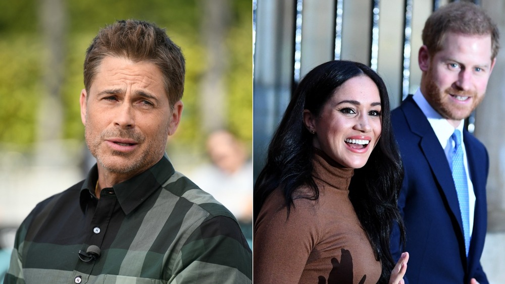 Rob Lowe and Prince Harry walking with Meghan Markle