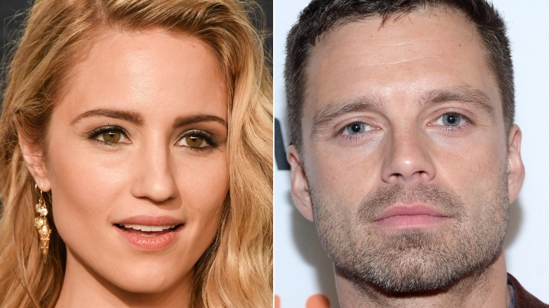 Dianna Agron smiling mouth open, Sebastian Stan smirking