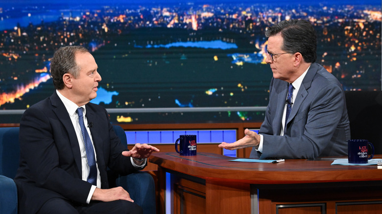 Stephen Colbert interviewing Adam Schiff on The Late Show