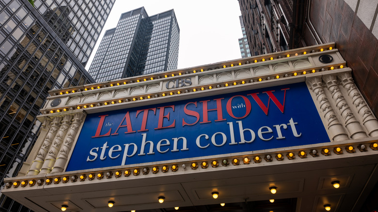 Looking up at the Ed Sullivan Theatre sign for The Late Show with Stephen Colbert