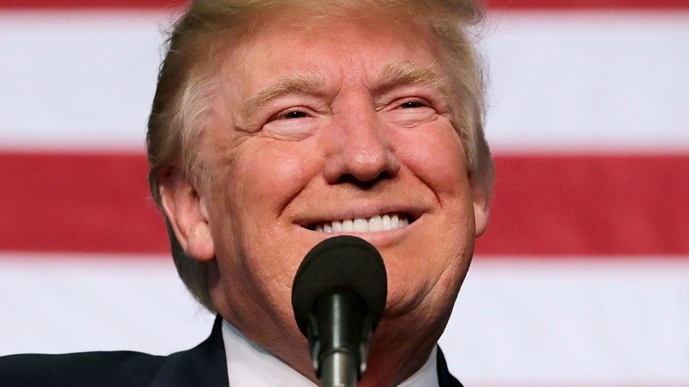 Donald Trump grins into mic