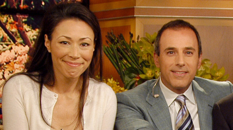 Ann Curry and Matt Lauer smiling on the set of Today