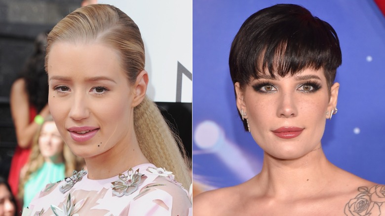 A split image of Iggy Azalea looking away from the camera while sporting a laid back hairdo, and Halsey staring into the camera as she sports a short haircut with bangs.