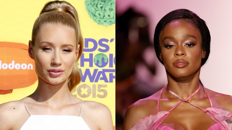 A split image of Iggy Azalea wearing a ponytail and a sleeveless white top, and Azealia Banks walking the red carpet in a pink dress while looking down.