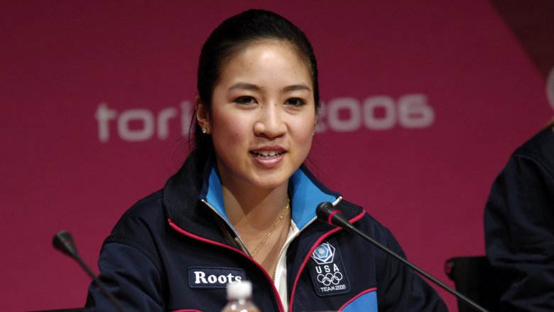 Michelle Kwan talking to the press
