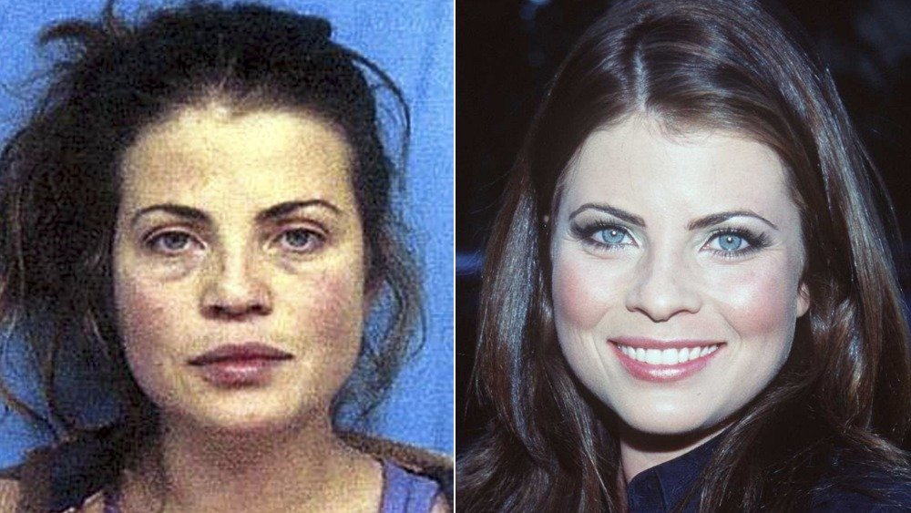 A split image of Yasmine Bleeth's mugshot after her 2001 arrest, and a glitzy snap of her wearing a black top and smiling at an event