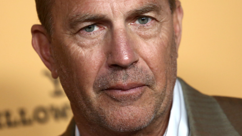 Kevin Costner grimaces in front of an orange background