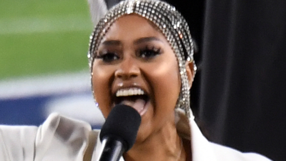 Jazmine Sullivan singing at the Super Bowl