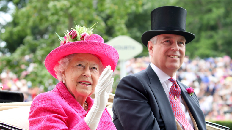 Queen Elizabeth in pink and Prince Andrew in carriage