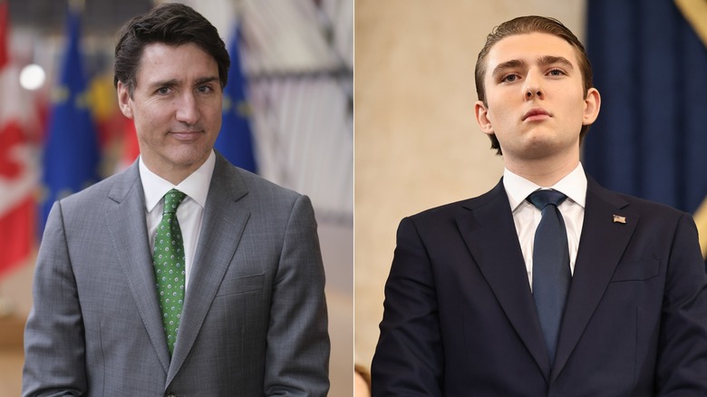 Split photo of Justin Trudeau and Barron Trump posing