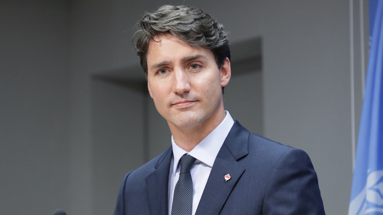 Justin Trudeau at a microphone