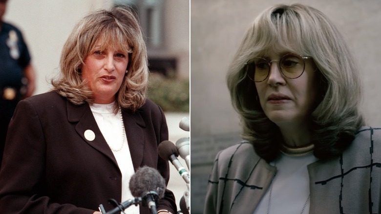 Linda Tripp in 1998 and Sarah Paulson as Linda Tripp in 'Impeachment'