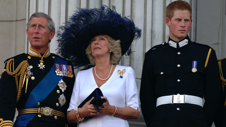 King Charles III, Camilla Parker Bowles, Prince Harry frowning