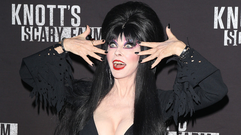 Cassandra Peterson aka Elvira: Mistress of the Dark arrives at Knott's Scary Farm and Instagram's Celebrity Night held at Knott's Berry Farm on September 29, 2017.