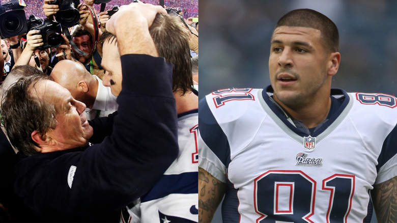 Split image of Bill Belichick holding Tom Brady's head, and Aaron Hernandez walking on the field