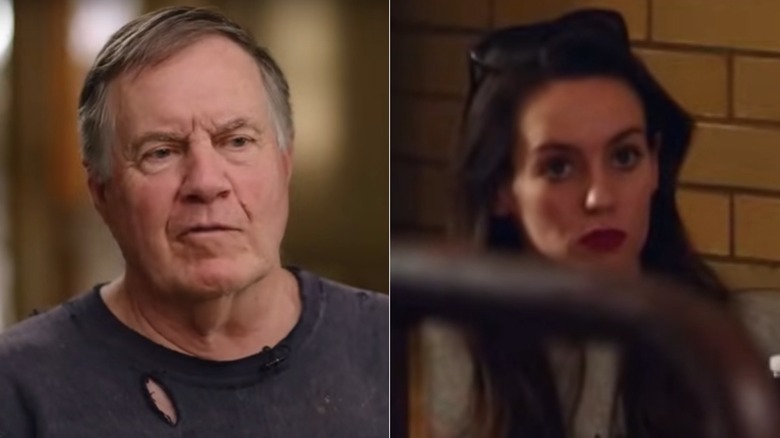 Split image of Bill Belichick and Jordon Hudson during CBS Mornings interview