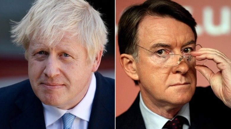 Boris Johnson/Peter Mandelson split, both looking at camera