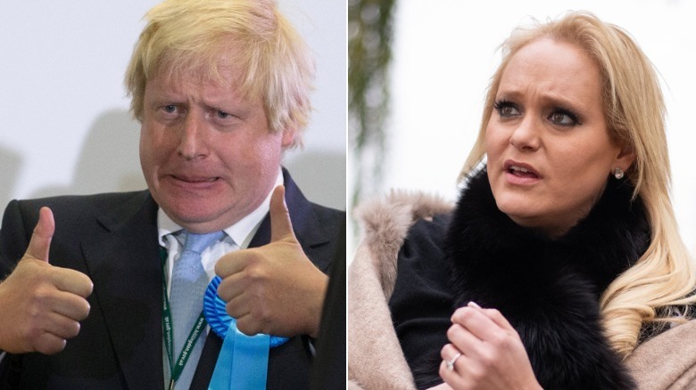 Boris Johnson giving thumbs up and Jennifer Arcuri speaking outside