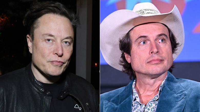 Elon Musk posing, Kimbal Musk sitting