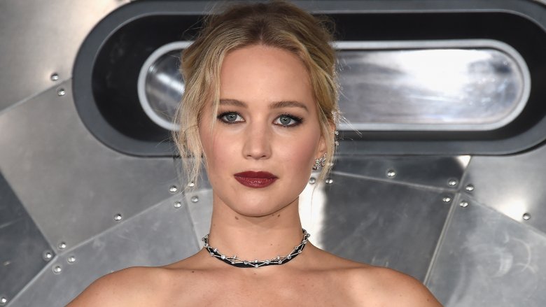 Jennifer Lawrence with updo and dark berry lips