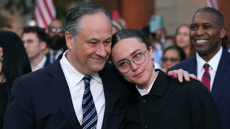 Second gentleman Doug Emhoff and Ella Emhoff reacting after Democratic presidential nominee, U.S. Vice President Kamala Harris conceded the election in a speech at Howard University