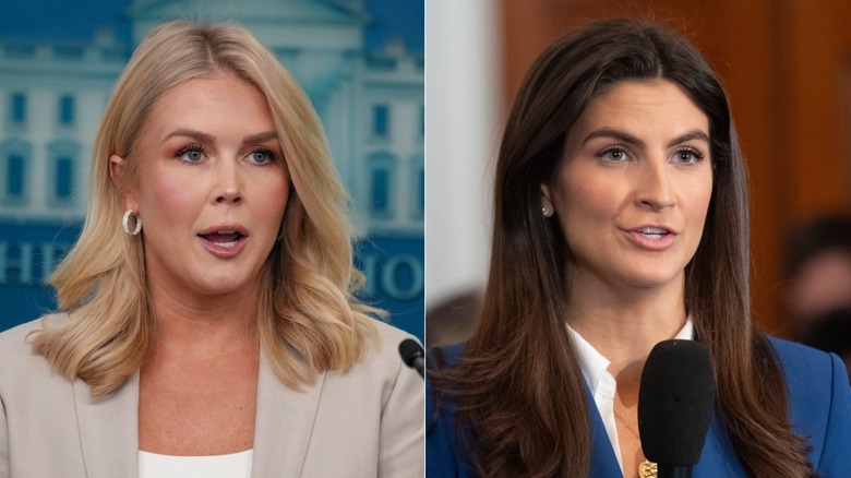 A split image of Karoline Leavitt and Kaitlan Collins speaking into microphones.