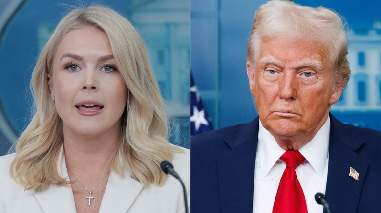 A split image of Karoline Leavitt talking into the microphone and Donald Trump making a sad face on a podium.