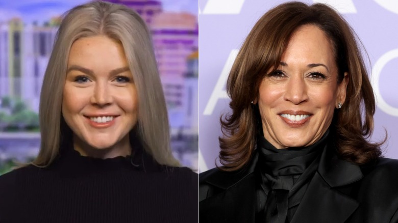 A split image of Karoline Leavitt smiling during a television interview and Kamala Harris talking into a microphone.